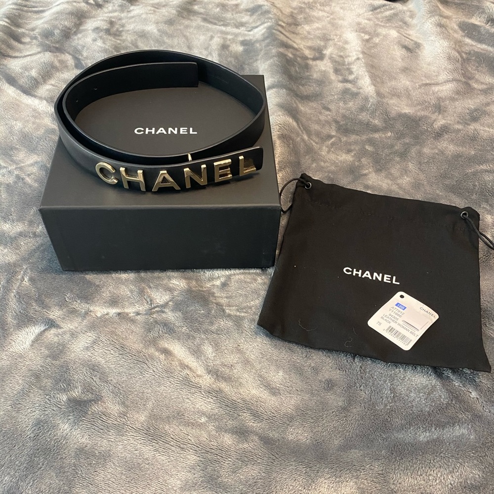 Chanel black leather belt gold lettering